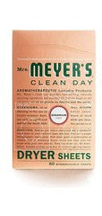 Mrs. Meyers Clean Day Dryer Sheets, Geranium, 80 sheets per box.