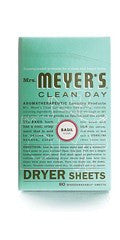 Mrs. Meyers Clean Day Dryer Sheets, Basil, 80 sheets per box.